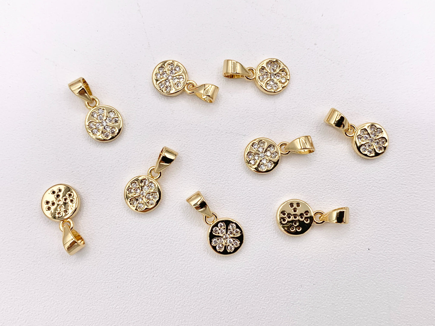 Tiny Coin Clover Charms with Bail in Real Gold 18K Plated CZ Pave Brass 10PCS
