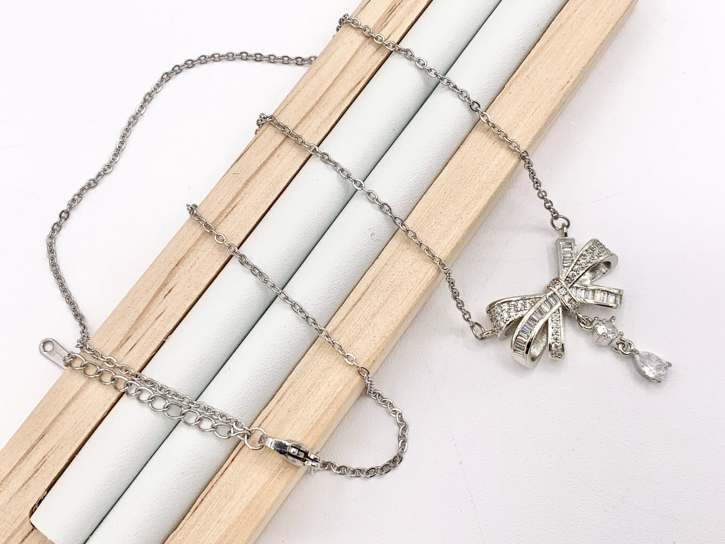 Delicate Bow Tie Dangle Necklace Silver Plated Stainless Steel Dainty Flexible Minimalist Finished Necklace 16" with Extension Link 1 PC