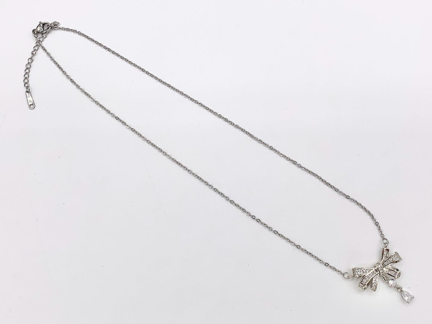 Delicate Bow Tie Dangle Necklace Silver Plated Stainless Steel Dainty Flexible Minimalist Finished Necklace 16" with Extension Link 1 PC