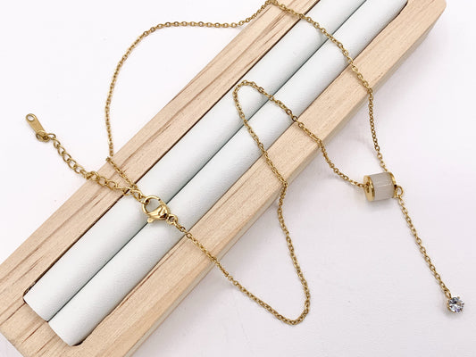 Delicate Spacer Dangle CZ Pave Necklace Gold Plated Stainless Steel Dainty Flexible Minimalist Finished Necklace 16" with Extension Link 1 PC