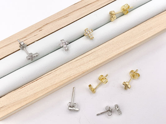 Cute Dainty Cross Studs in CZ Pave 18K Gold/Platinum Plated Over Copper Earrings 5 PAIRS
