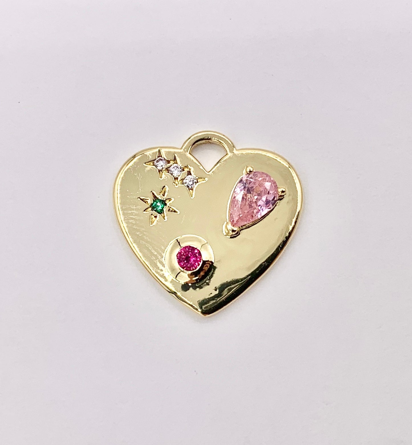 Colorful Rhinestone Heart Charm Pendants in CZ Pave 18K Gold Plated Copper 6 PCS