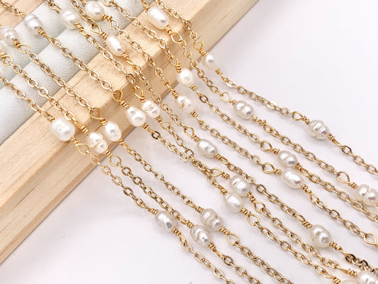 Dainty White Rice Shape Freshwater Pearl Wired Chain in Real Gold 18K Plated Stainless Steel By The Spool For Jewelry Making/Designs