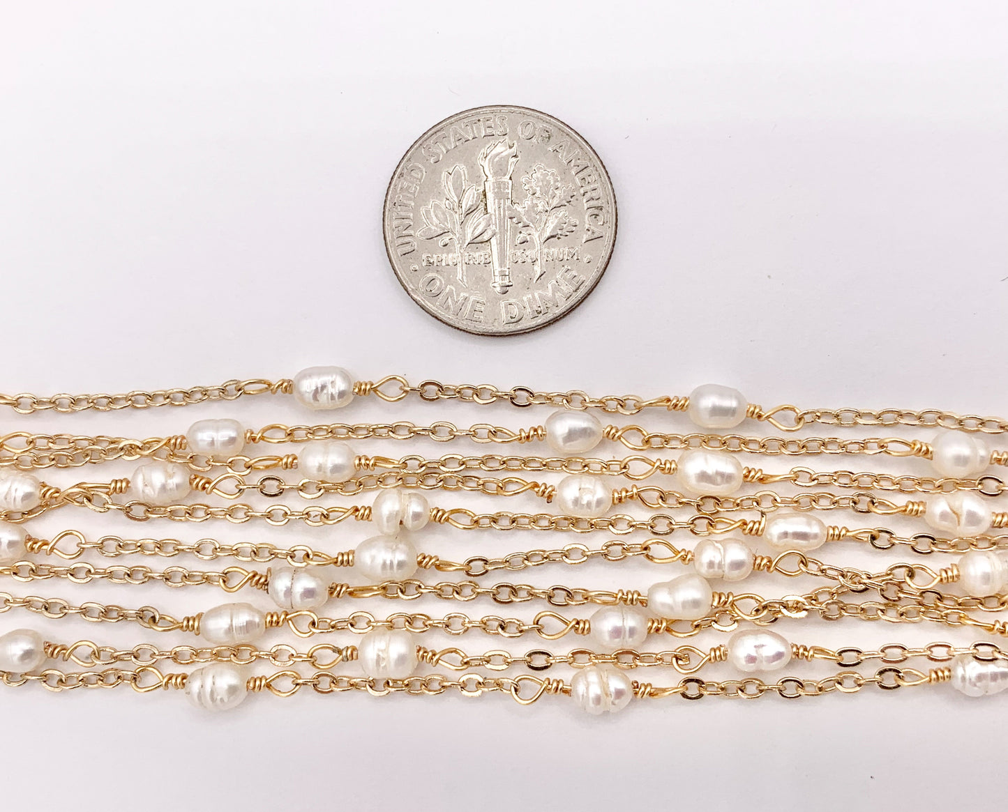 Dainty White Rice Shape Freshwater Pearl Wired Chain in Real Gold 18K Plated Stainless Steel By The Spool For Jewelry Making/Designs