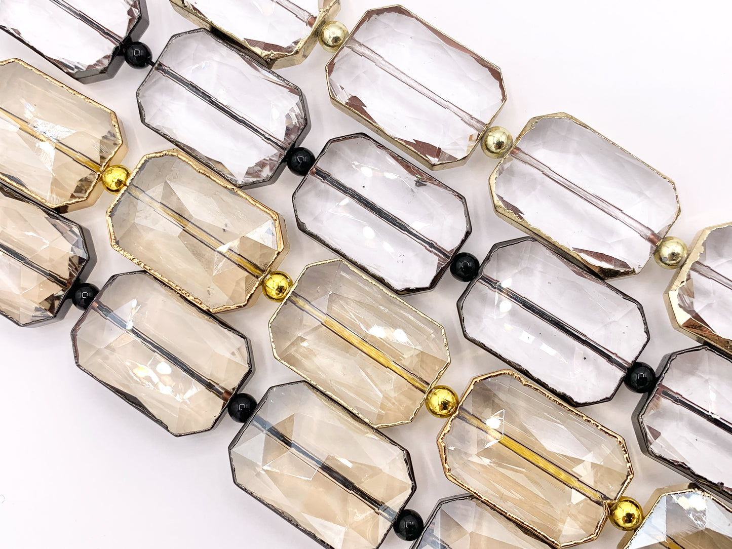 18x26mm Gold/Gunmetal Trimmed Faceted Shiny Dyed Glass Rectangle Crystal Strands Clear and Champagne Around 7" Price For 1 Strand