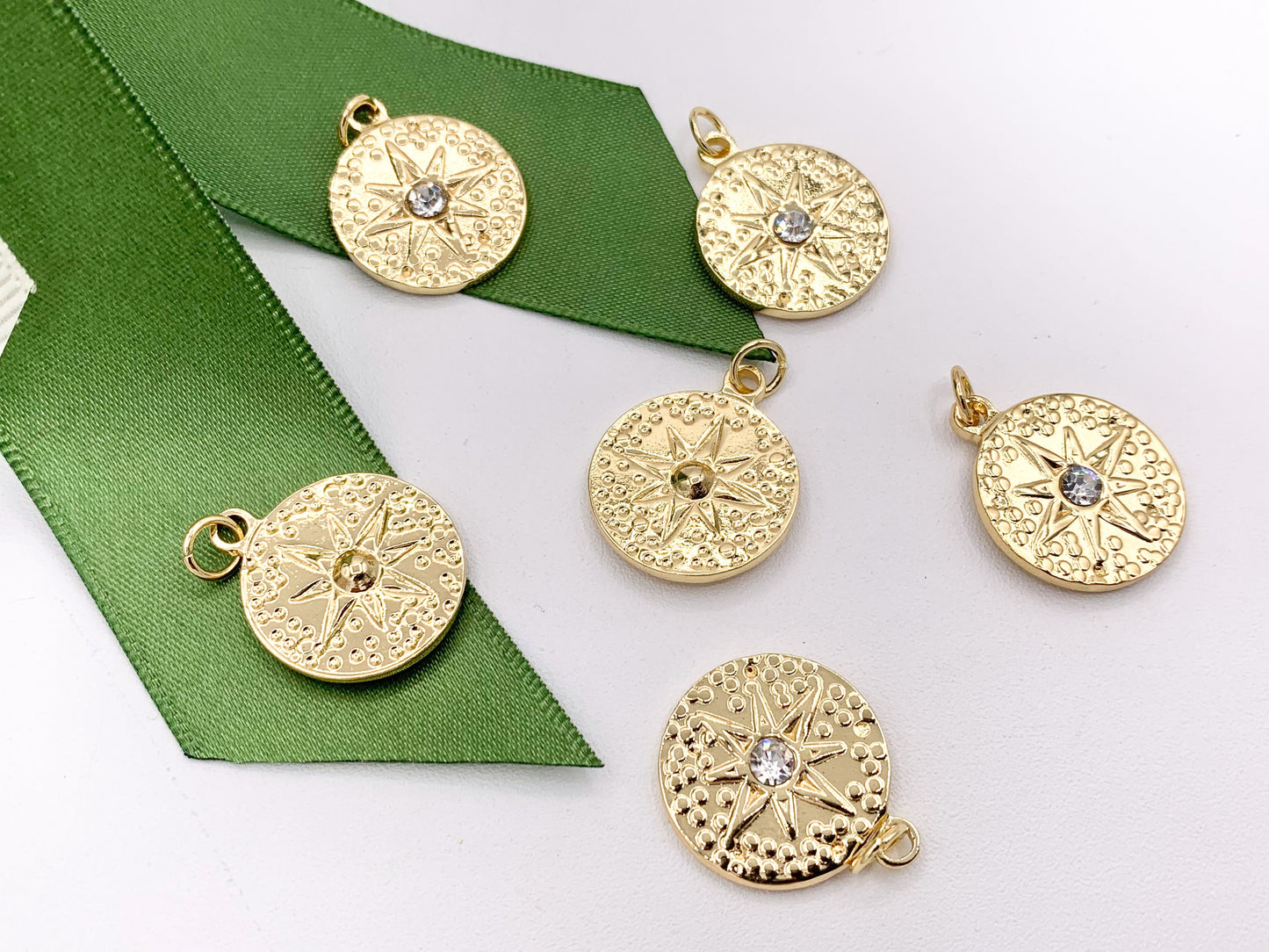 Charming Starburst Coin Circle Charms with CZ Pave in 18K Gold plated Stainless Steel 8 PCS