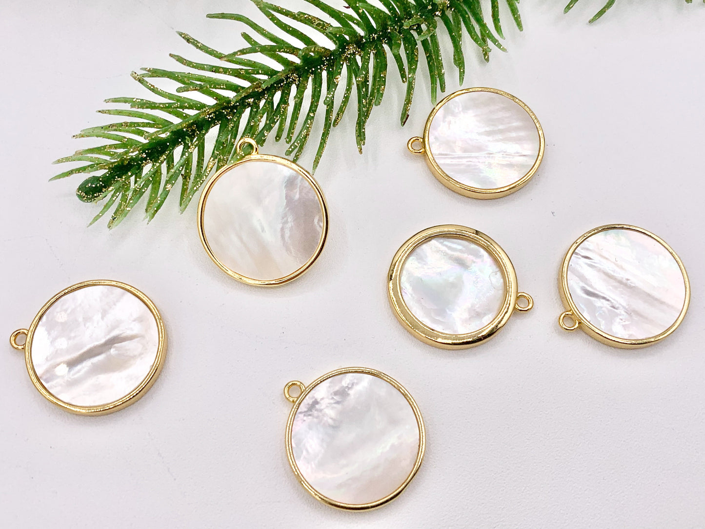 Mother of Pearl Coin Pendant Charm in Real Gold 18K Plated Over Brass 6 PCS