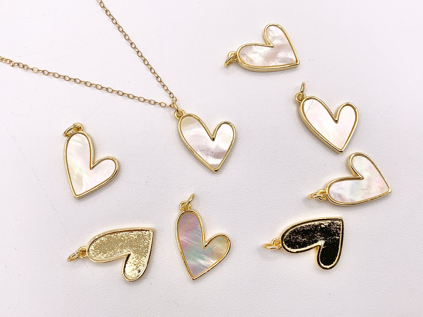 Abstract Mother of Pearl Heart Pendant Charm in Real Gold 18K Plated Over Brass 8 PCS