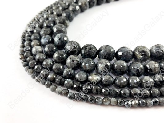 Black Labradorite Larvikite Round Faceted Natural Gemstone Beads For Men's and Women's Bracelets 4-12mm Available Around 14"-15"