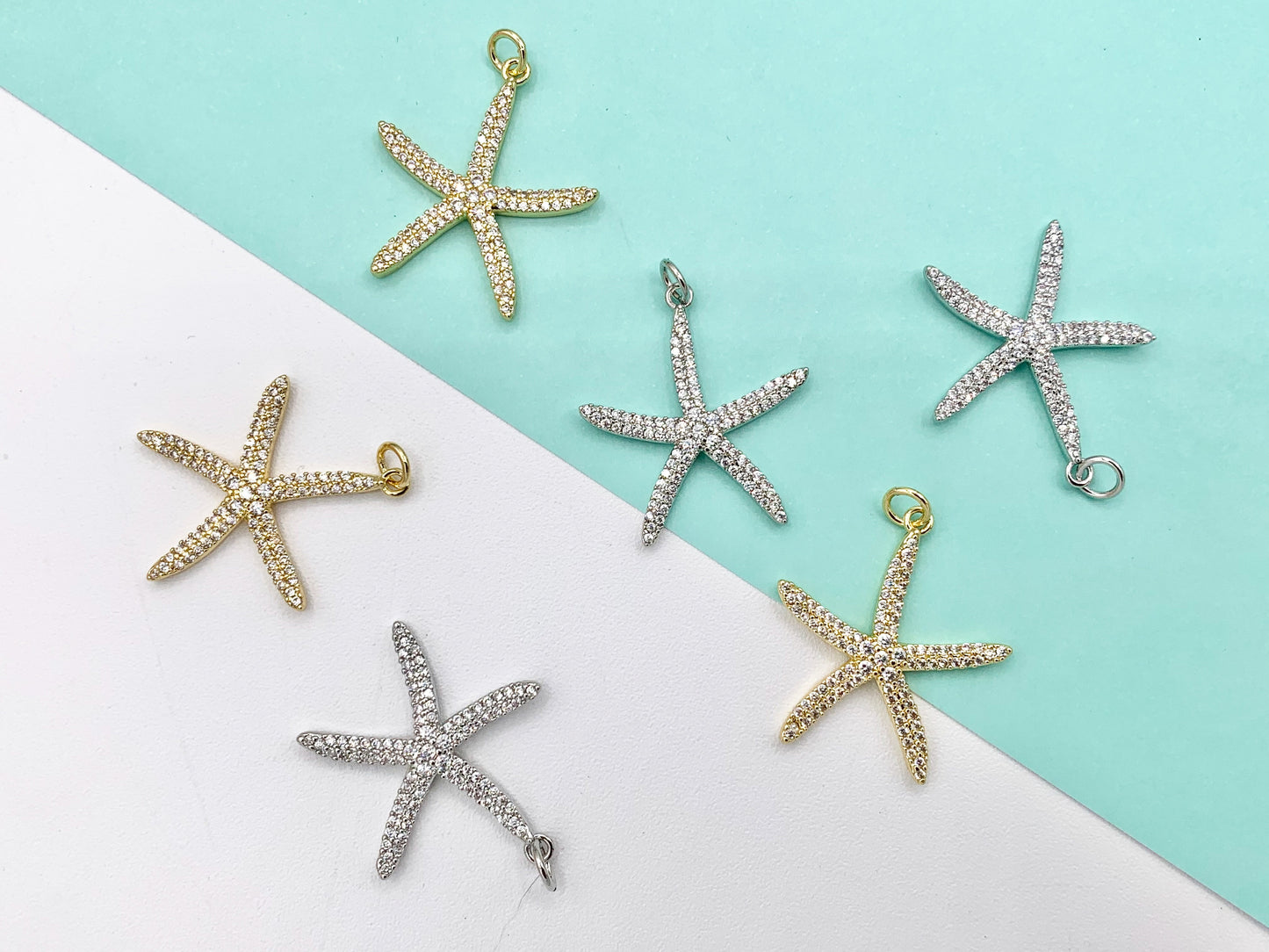 Large CZ Pave Cute Starfish Charms Pendants Plated in 18K Gold/Platinum Copper Base 5PCS