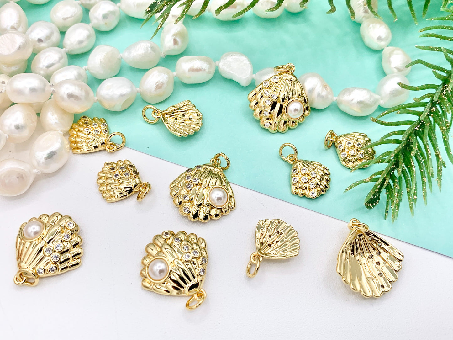 CZ Pave Pearl Shell Shape Summer Sealife Pendant in Real Gold 18K Plated Over Brass 8PCS For Large 10 PCS For Small