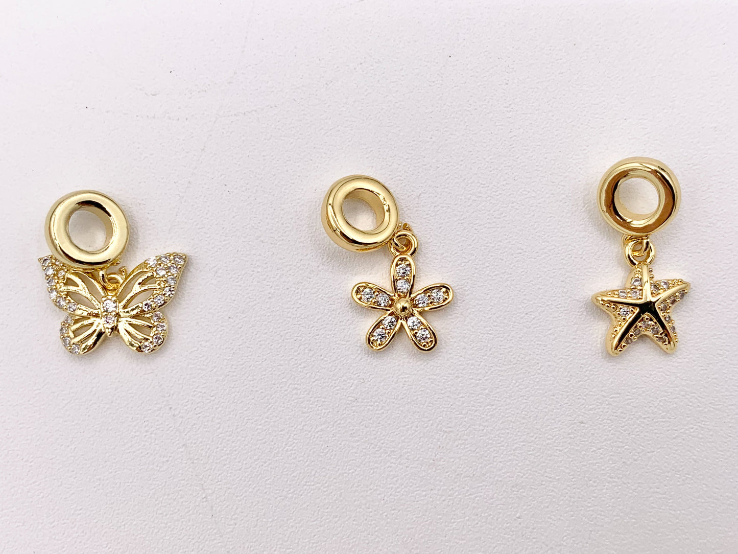 Cute Butterfly, Starfish and Flower Charms on Spacer Bead in Real 18K Gold Plated CZ Pave Over Brass 8PCS