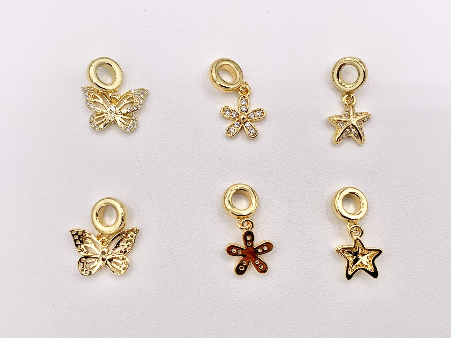 Cute Butterfly, Starfish and Flower Charms on Spacer Bead in Real 18K Gold Plated CZ Pave Over Brass 8PCS