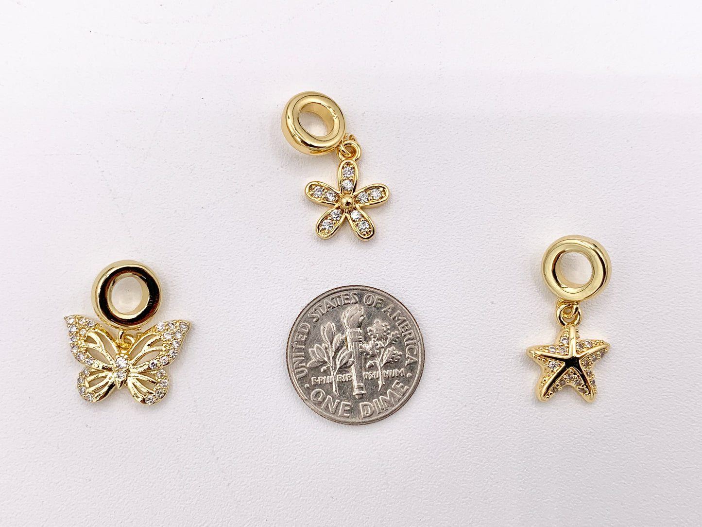 Cute Butterfly, Starfish and Flower Charms on Spacer Bead in Real 18K Gold Plated CZ Pave Over Brass 8PCS