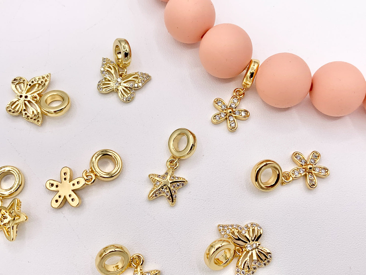 Cute Butterfly, Starfish and Flower Charms on Spacer Bead in Real 18K Gold Plated CZ Pave Over Brass 8PCS