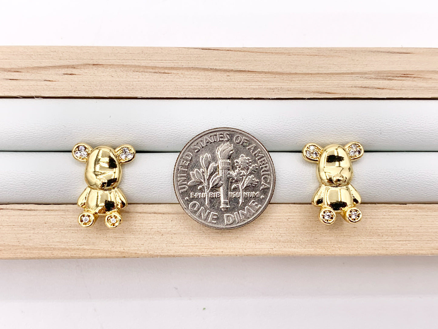 Cute Teddy Bear Earring Studs in Real 18K Gold Plated CZ Pave Over Copper 4 PAIRS