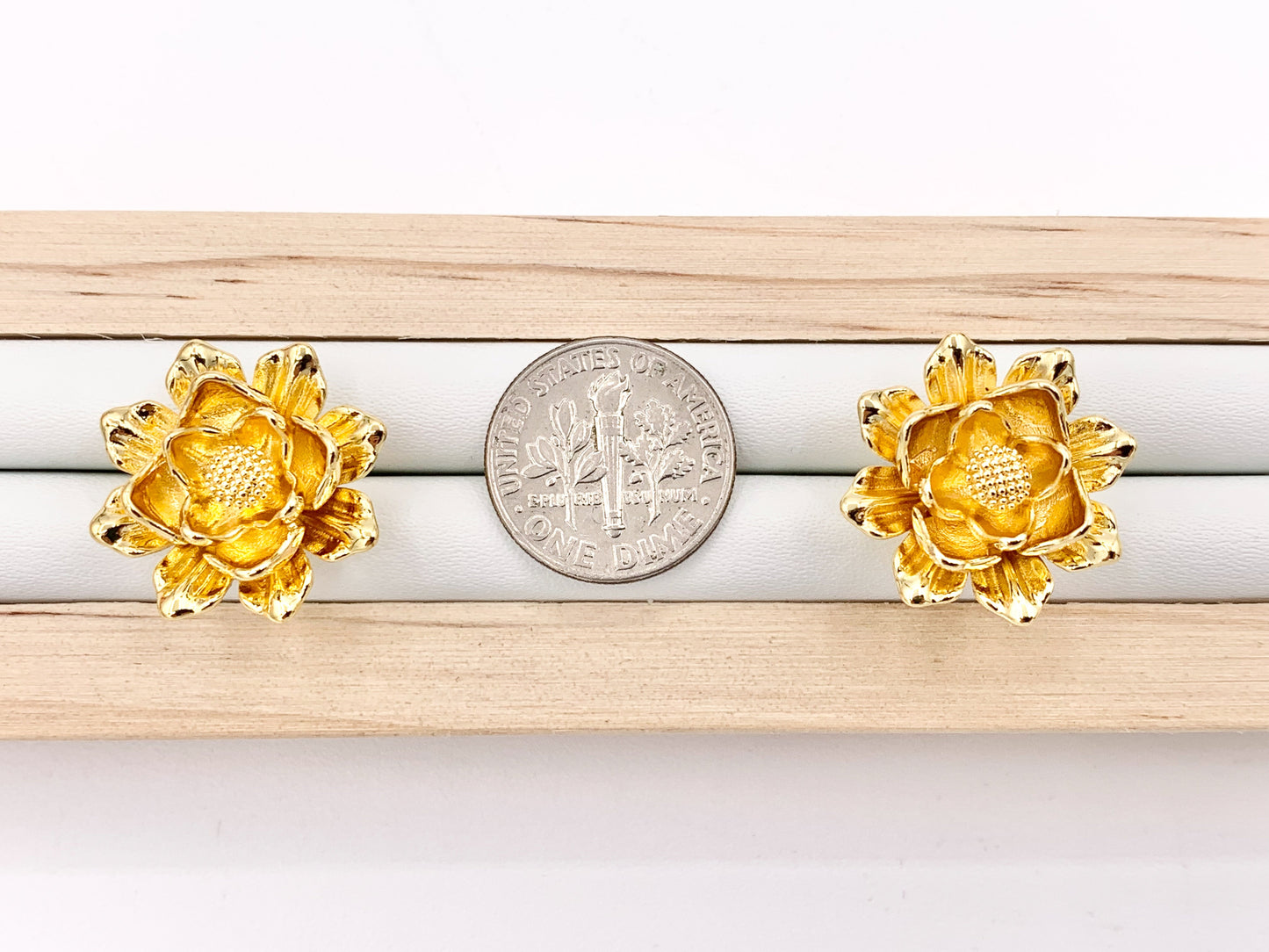 Big Lotus Flower Earring Studs in Real 18K Gold Plated Over Copper 3 PAIRS