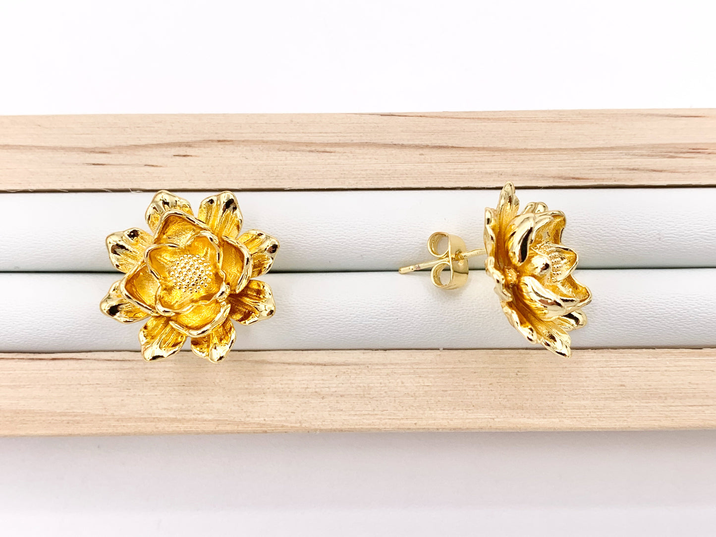 Big Lotus Flower Earring Studs in Real 18K Gold Plated Over Copper 3 PAIRS
