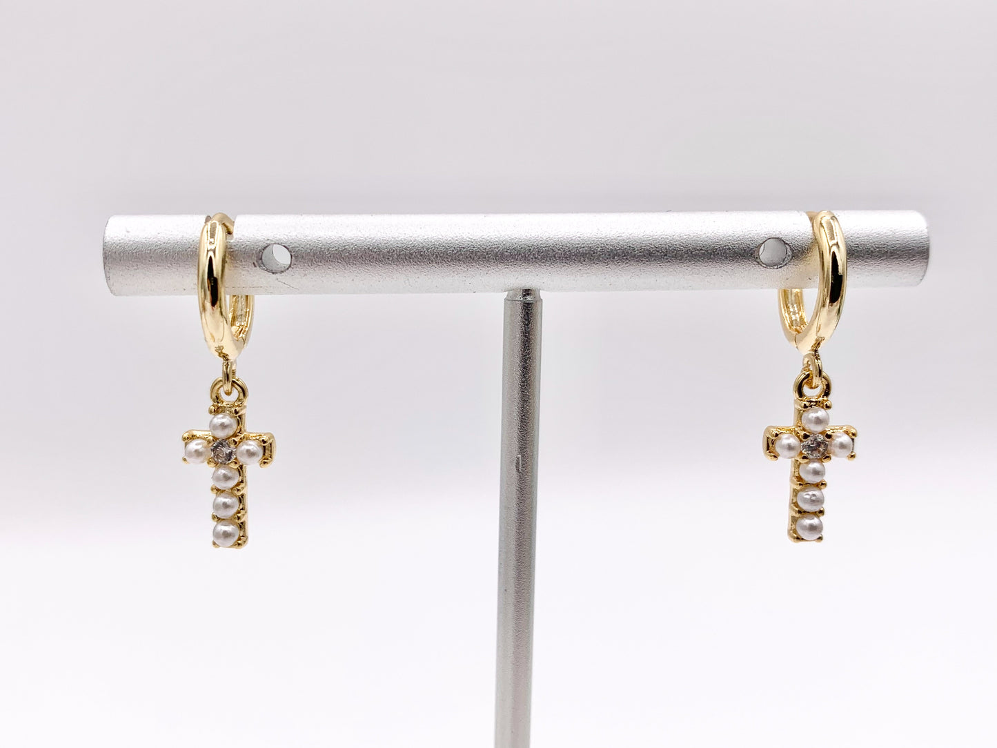 Cute Dangle Pearl Cross Huggie Earrings with CZ Pave in 18K Gold/Platinum Plated Copper 4 PAIRS