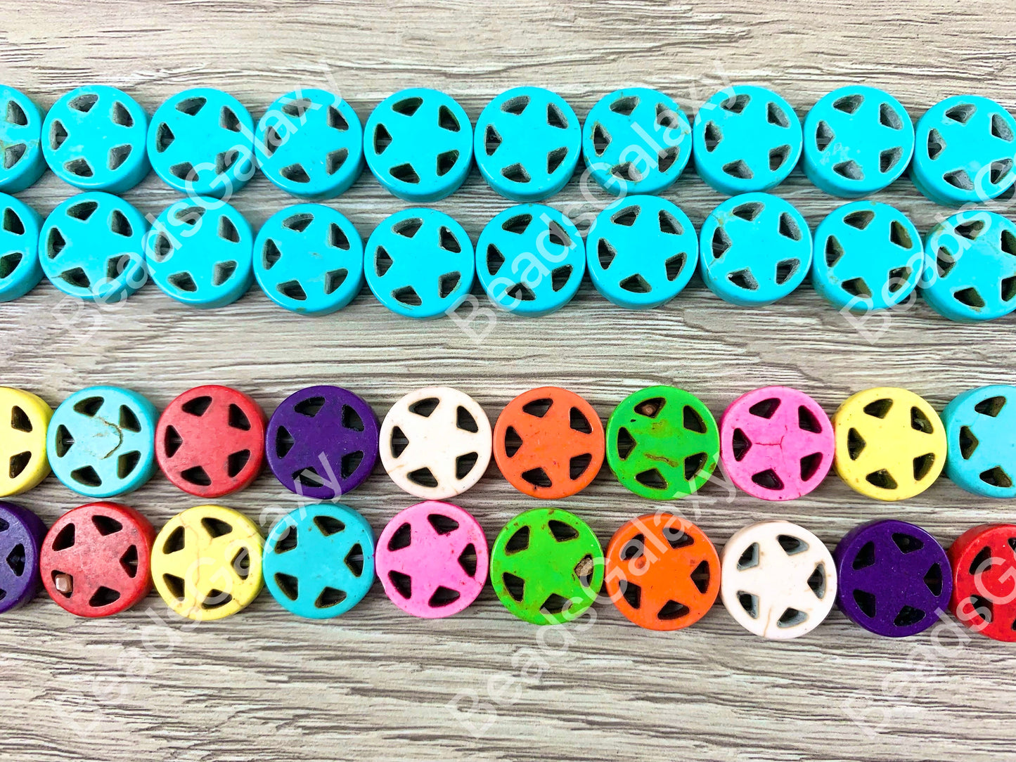 15mm Star Howlite Turquoise and Multicolor Flat Coin Disc Beads Around 15"