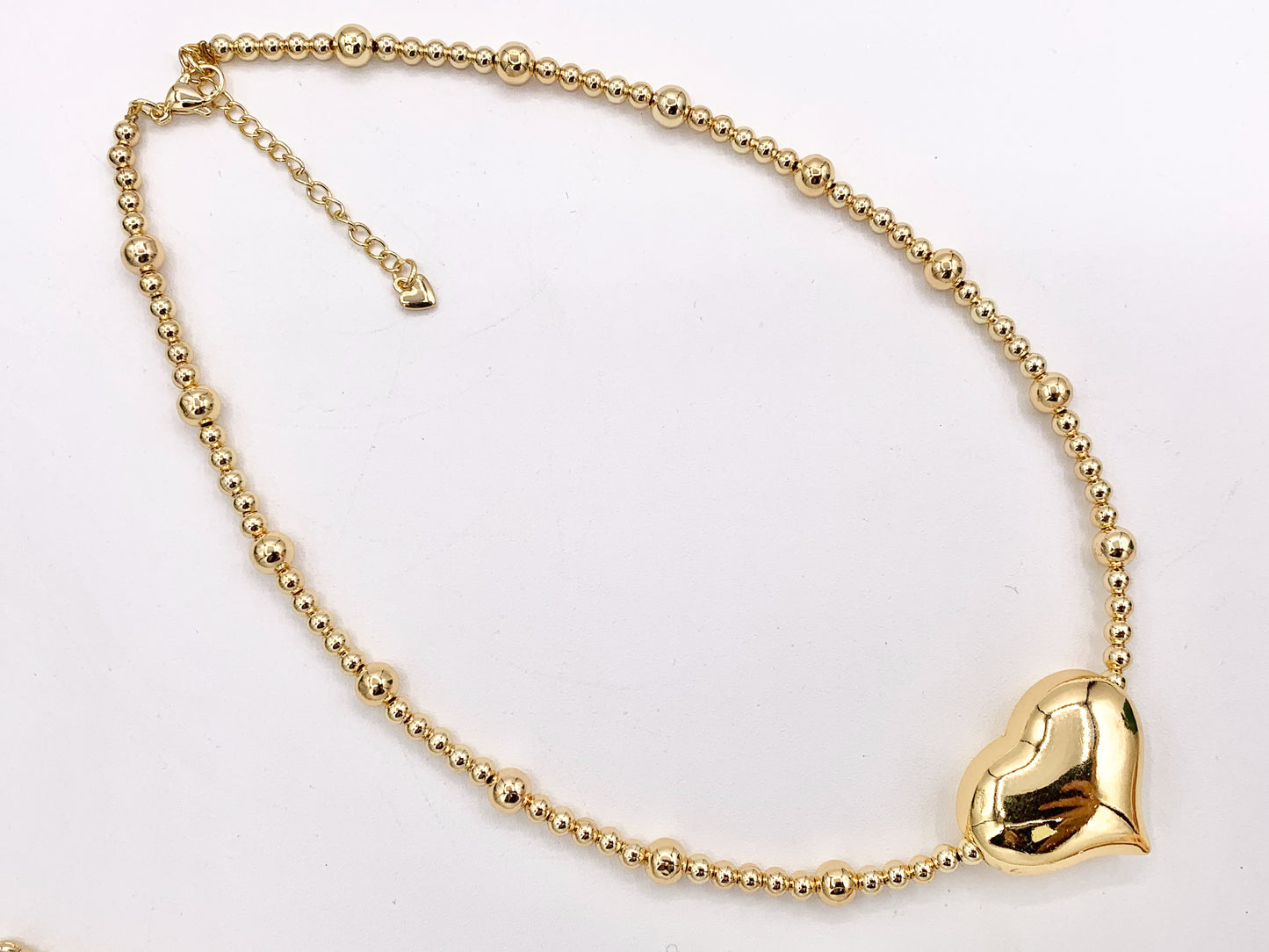 Delicate Puffy Heart Beaded Necklace Gold Plated Copper Dainty Flexible Minimalist Finished Necklace 16" with Extension Link 1 PC