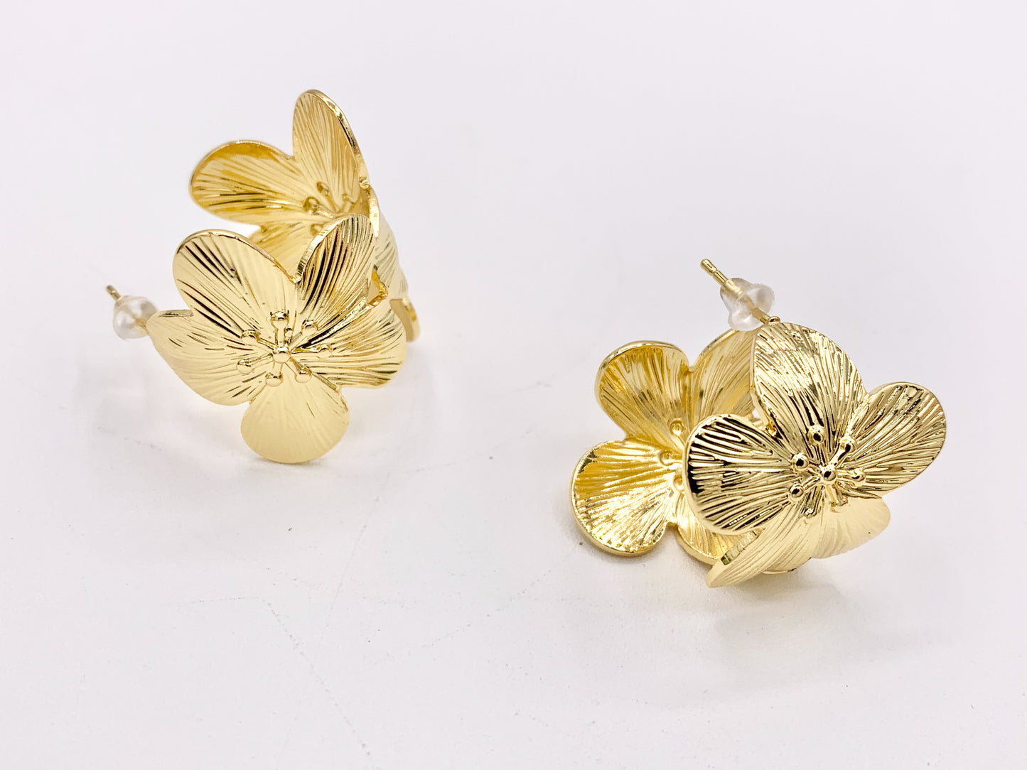 Big Flower Earring Hoops in Real 18K Gold/Platinum Plated Over Copper 1 PAIR