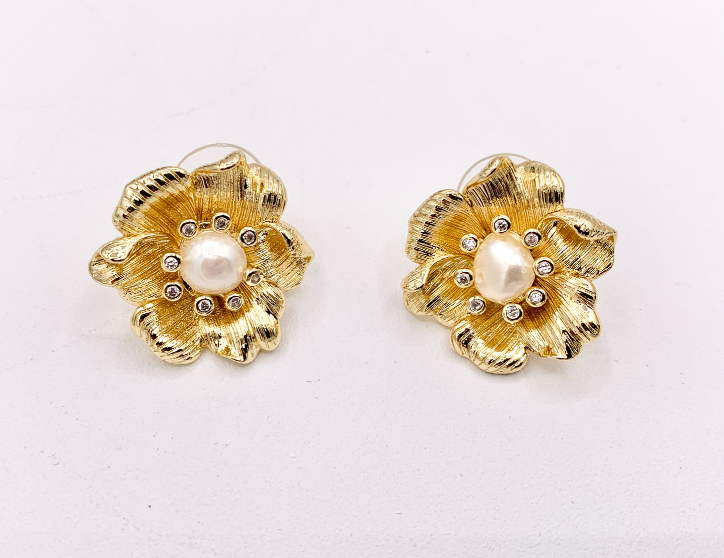 Big Freshwater Pearl Flower Earring Studs in Real 18K Gold Plated CZ Pave Over Copper 3 PAIRS