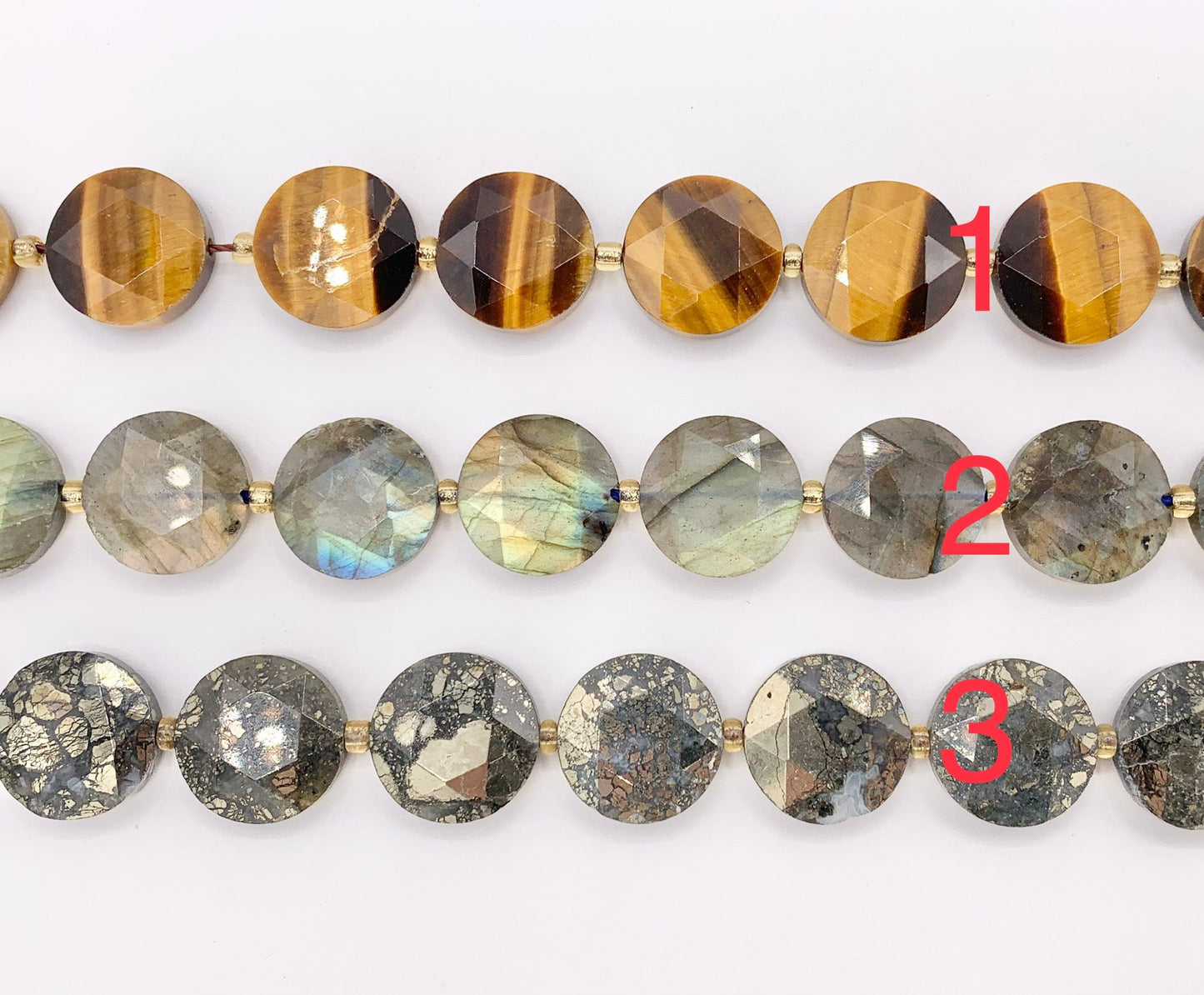15mm Shiny Coin Shape Hand Cut Gemstone Beads 15" Tiger's Eye/Labradorite/Rose Quartz/Amethyst/Pyrite 1 Strand