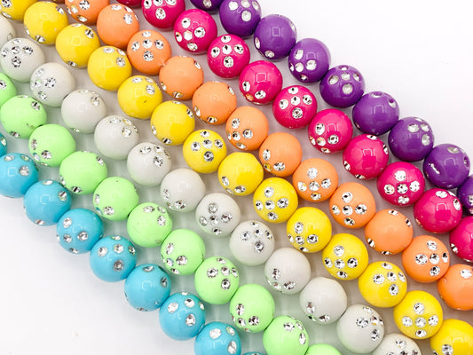 11mm Acrylic Round Beads With Silver Shiny Dots 12" Long Strands | Available in 7 Colors