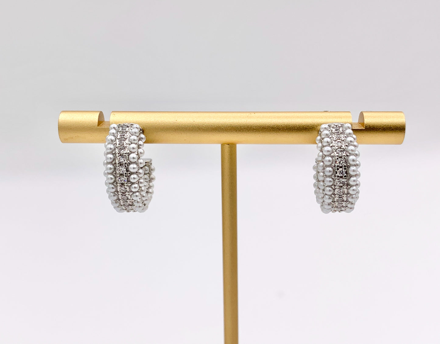 Pearl Earring Half Curved Hoop in Real Gold/Silver 18K CZ Pave Over Copper 3 PAIRS