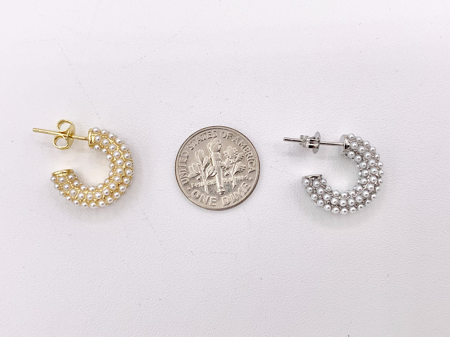 Pearl Earring Half Curved Hoop in Real Gold/Silver 18K CZ Pave Over Copper 3 PAIRS