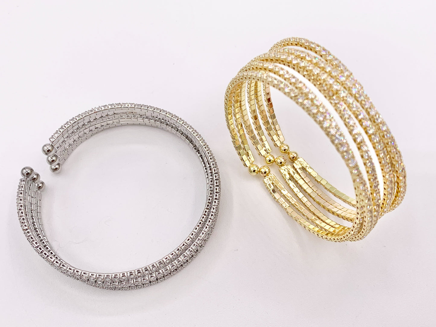 CZ Pave Rhinestone Multi Layers Baguette Fancy Flexible Snap On Bracelet Cuffs In Real Gold/Platinum 18K Plated Copper 1 PC