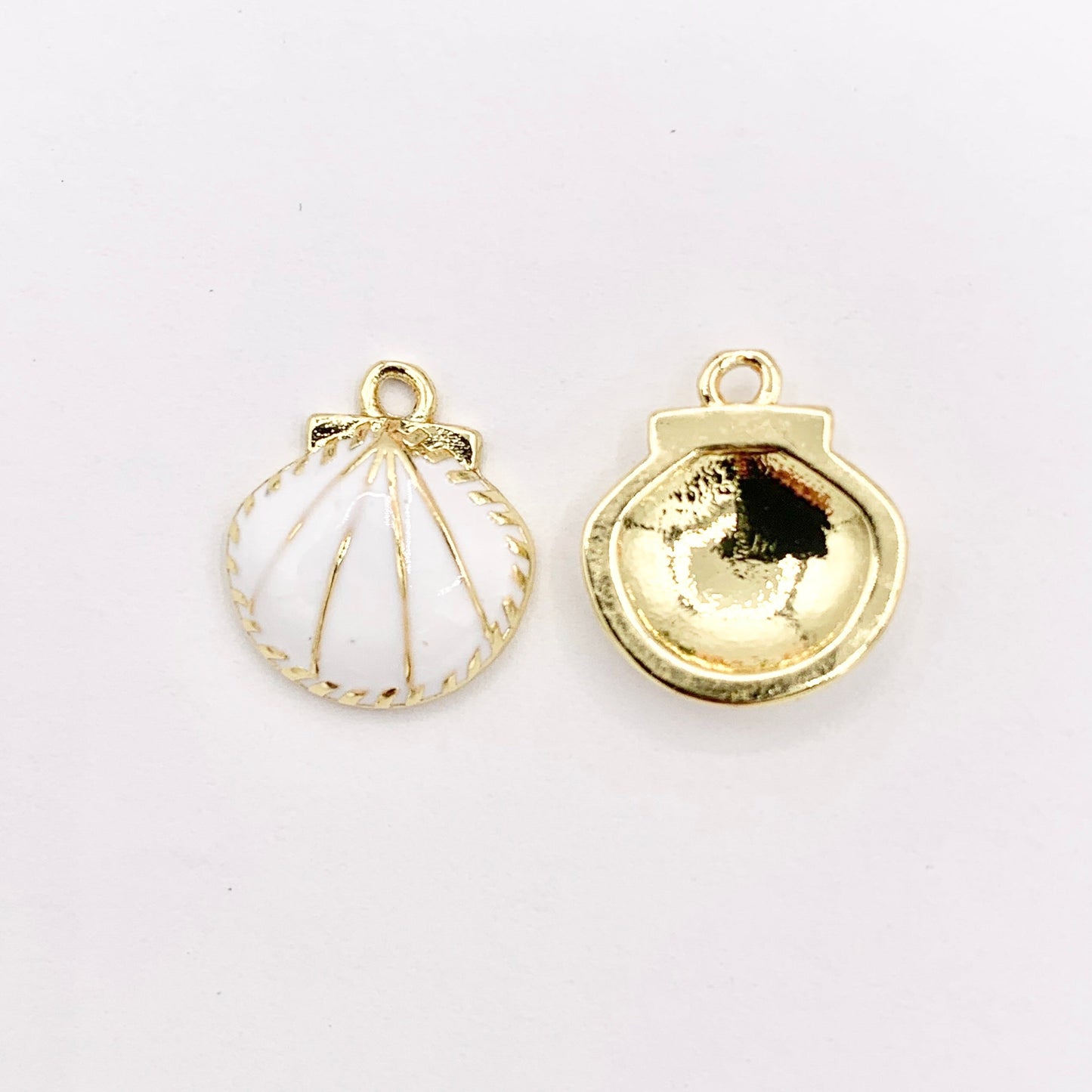 Cute Pink and White Enamel Shell Charms One Sided Pendants Plated in 18K Gold Copper Base 10 PCS
