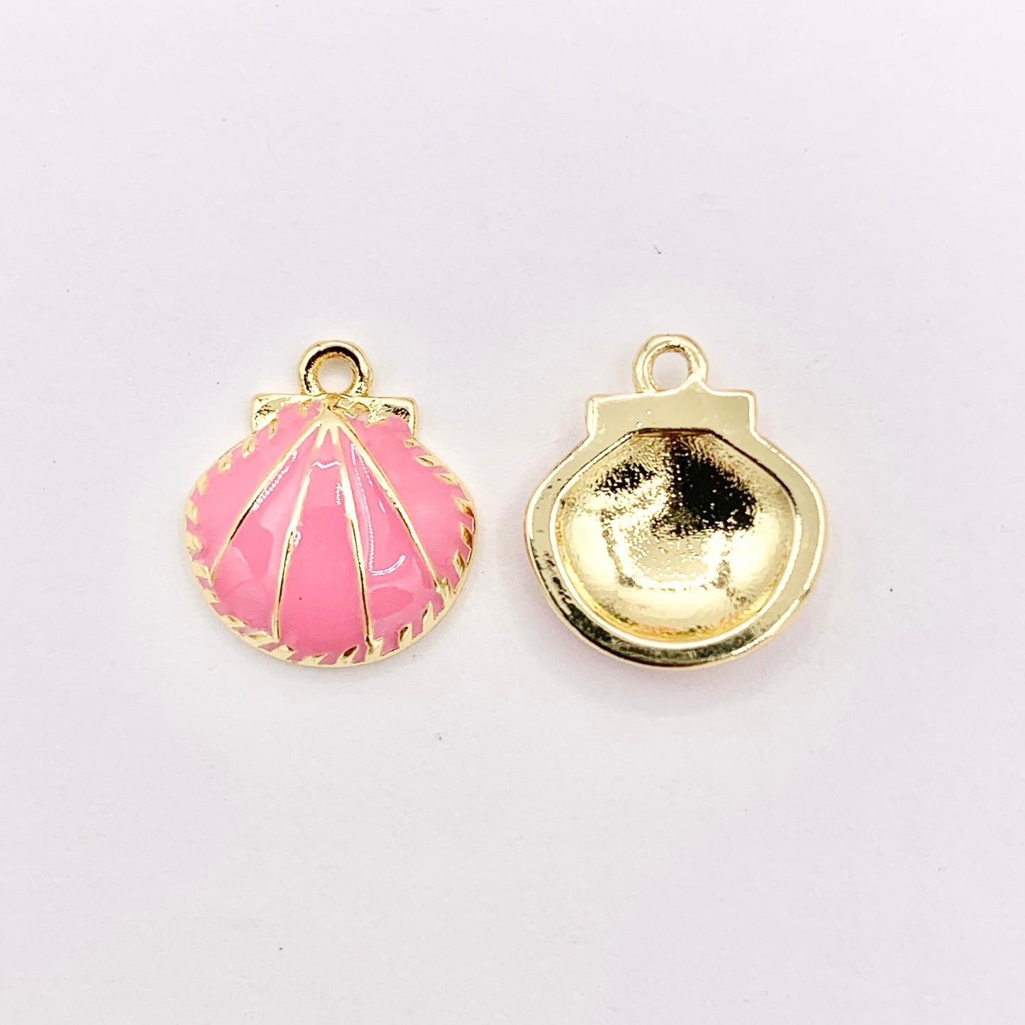 Cute Pink and White Enamel Shell Charms One Sided Pendants Plated in 18K Gold Copper Base 10 PCS