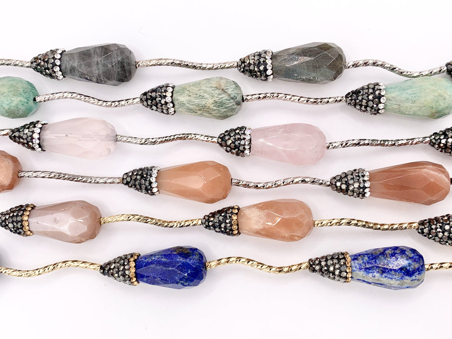 Beautiful Teardrop Stone Faceted Beads With Rhinestones Rose Quartz/ Pink Moonstone/ Lapis/ Peruvian Amazonite/ Labradorite Beads (1 Strand)
