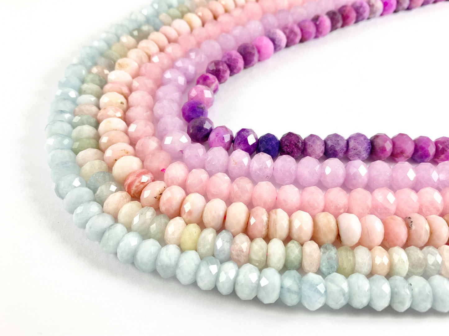 High Quality Handcut Natural Pastel Color Stones Rondelle Pink Opal, Rose QZ, Lavender Amethyst, Aquamarine, Morganite, Sugilite Around 15"