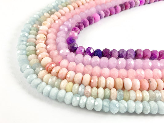 High Quality Handcut Natural Pastel Color Stones Rondelle Pink Opal, Rose QZ, Lavender Amethyst, Aquamarine, Morganite, Sugilite Around 15"