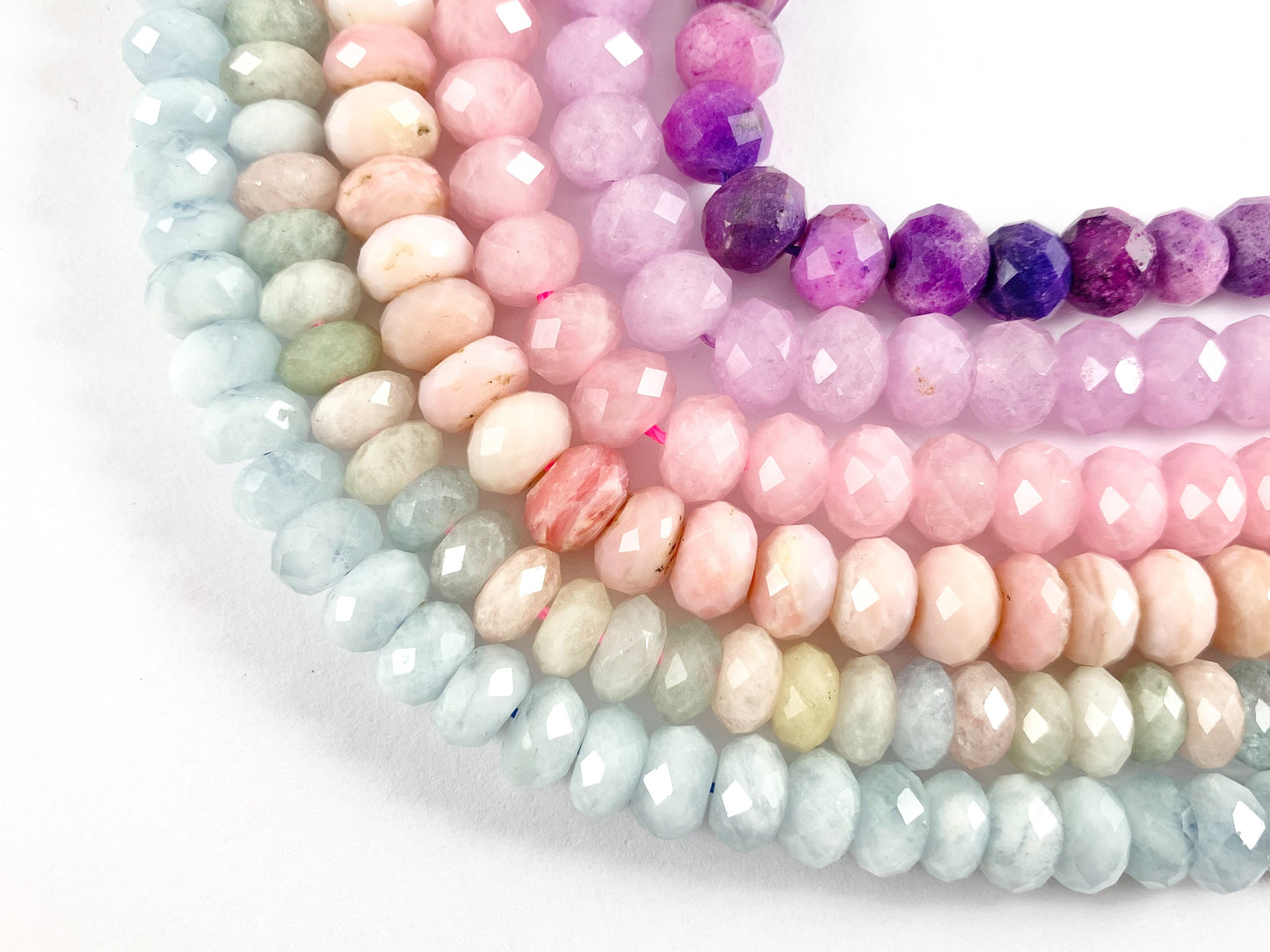 High Quality Handcut Natural Pastel Color Stones Rondelle Pink Opal, Rose QZ, Lavender Amethyst, Aquamarine, Morganite, Sugilite Around 15"