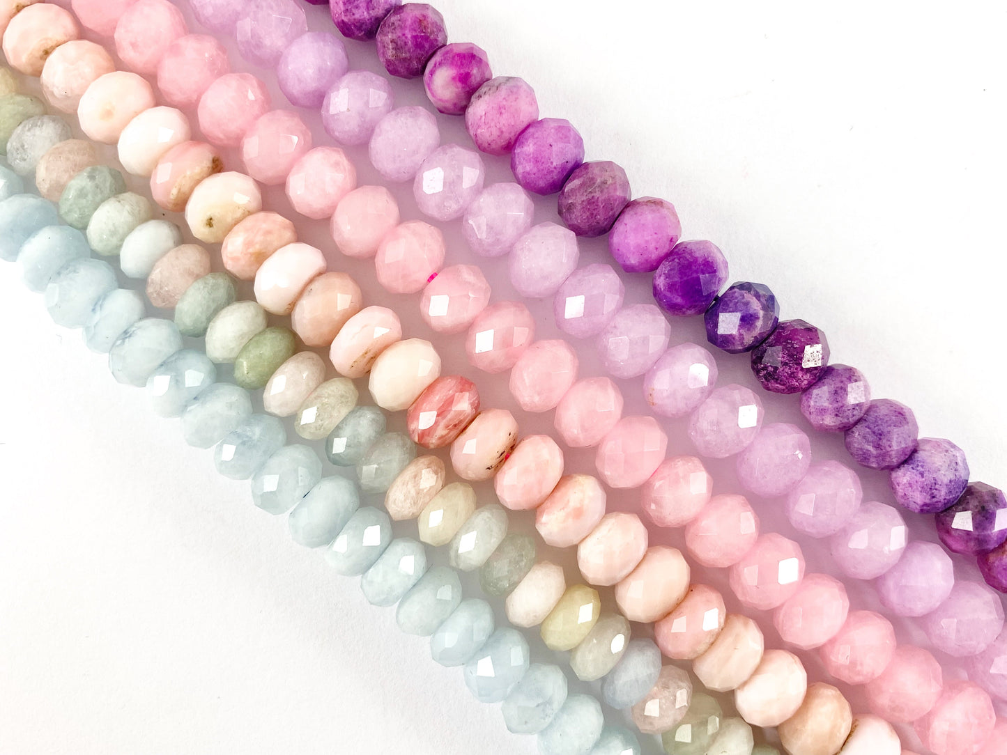 High Quality Handcut Natural Pastel Color Stones Rondelle Pink Opal, Rose QZ, Lavender Amethyst, Aquamarine, Morganite, Sugilite Around 15"