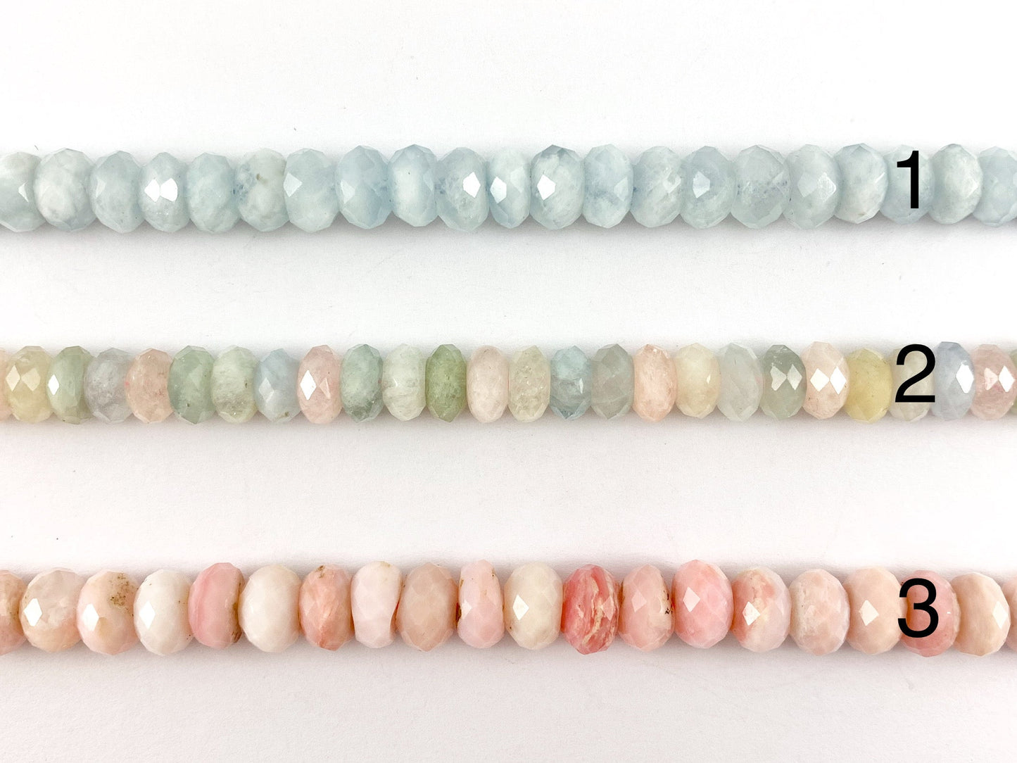 High Quality Handcut Natural Pastel Color Stones Rondelle Pink Opal, Rose QZ, Lavender Amethyst, Aquamarine, Morganite, Sugilite Around 15"