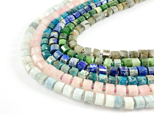 High Quality Handcut Natural Stones Tube Beads Aquamarine, Rose Quartz, Apatite, Lapis, Canadian Jade, Labradorite Around 15"