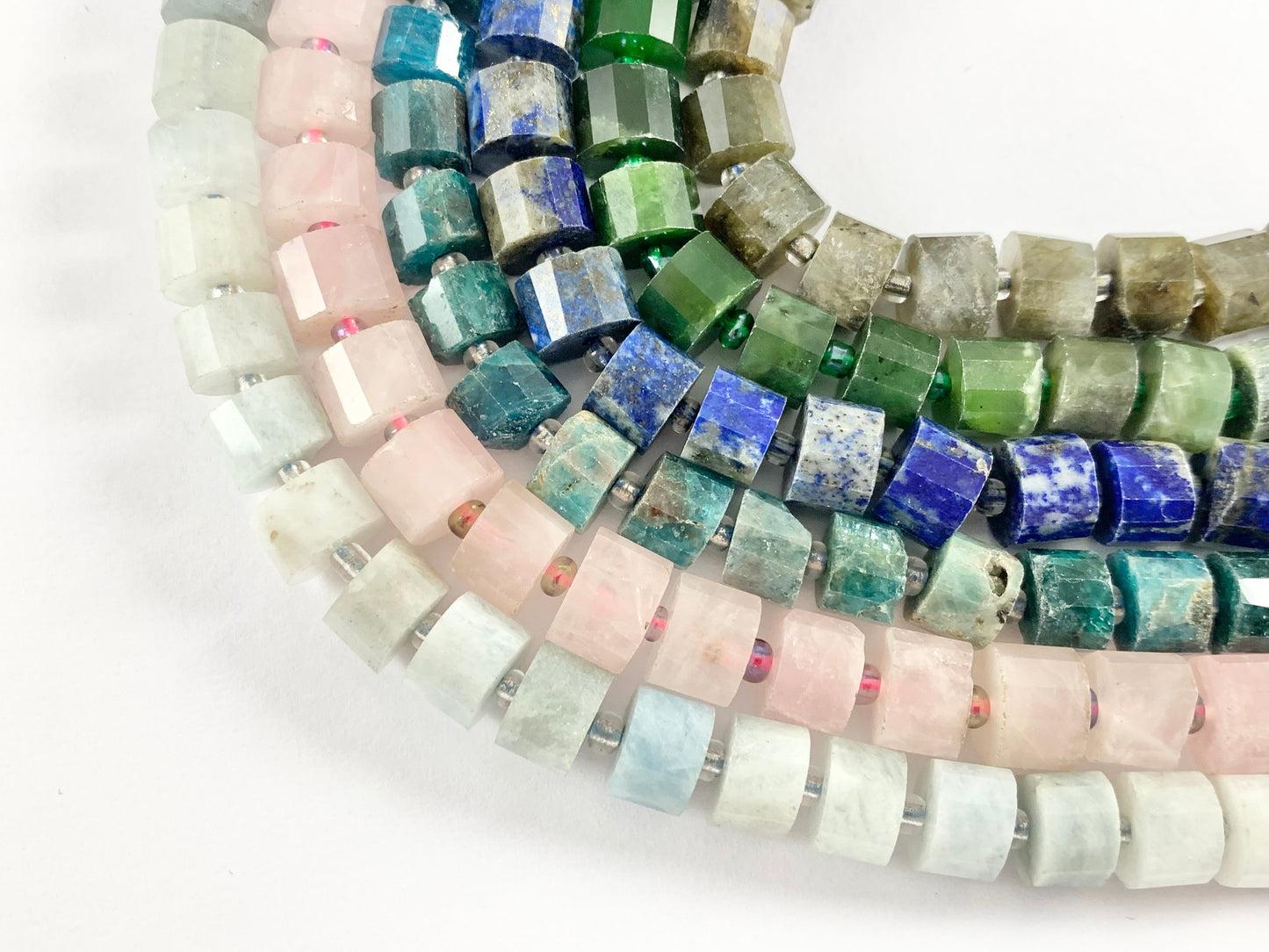 High Quality Handcut Natural Stones Tube Beads Aquamarine, Rose Quartz, Apatite, Lapis, Canadian Jade, Labradorite Around 15"