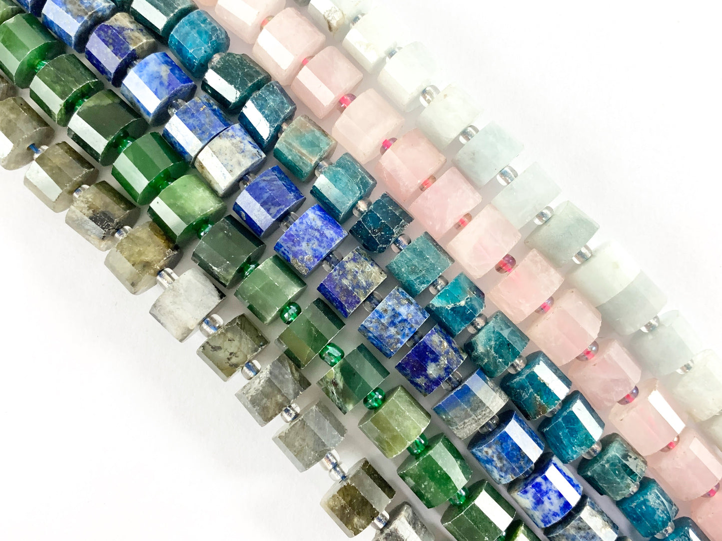 High Quality Handcut Natural Stones Tube Beads Aquamarine, Rose Quartz, Apatite, Lapis, Canadian Jade, Labradorite Around 15"