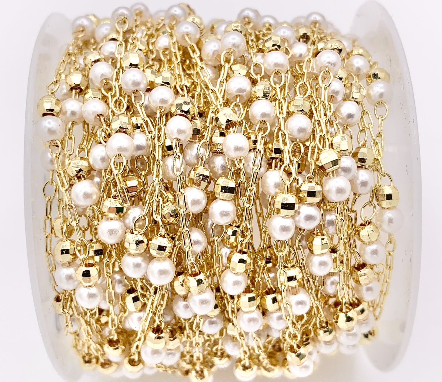 White Imitation Pearl Resin Pearl With Faceted Gold Beads Chain in Real Gold 18K Plated Copper By The Spool For Jewelry Making/Designs