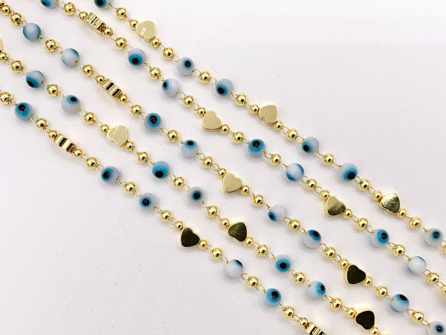 White & Blue Evil Eye + Gold Heart Chain in 18K Gold Plated Copper By The Spool