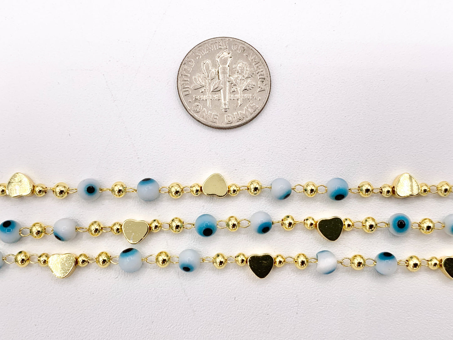 White & Blue Evil Eye + Gold Heart Chain in 18K Gold Plated Copper By The Spool