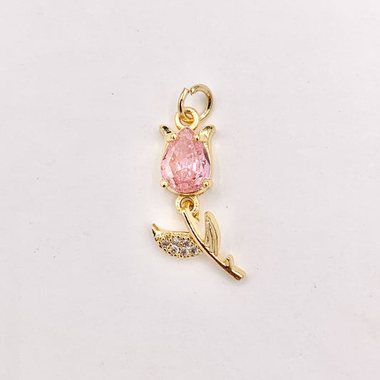 Dainty Dangle Pink Tulips Flower Charms in Real Gold 18K Plated Micro CZ Pave Over Brass 10 PCS