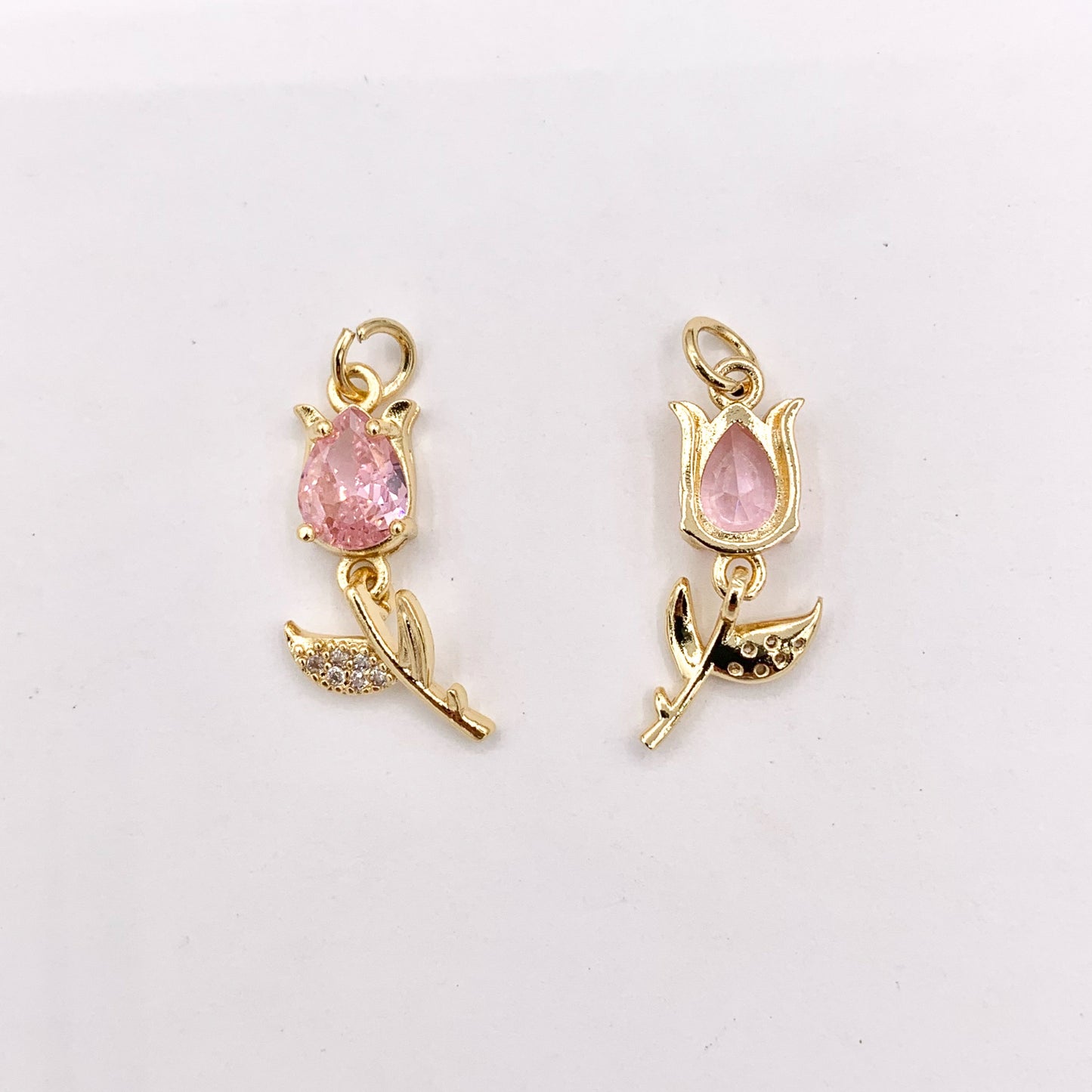 Dainty Dangle Pink Tulips Flower Charms in Real Gold 18K Plated Micro CZ Pave Over Brass 10 PCS