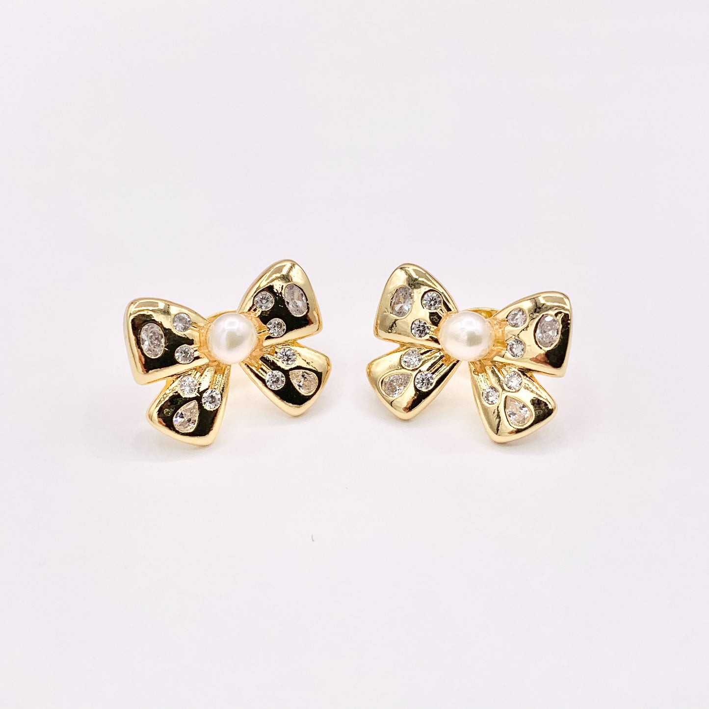 Cute CZ Pave Bowtie Studs with Pearl in 18K Gold plated Copper 4 PAIRS