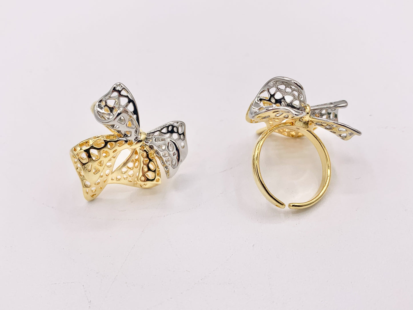 Beautiful 2 Tone Filigree Large 3D Bow Tie Adjustable Ring in Real Gold/Silver 18K Plated 4 PCS